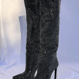 Black Rhinestone Thigh-High Boots – Pointed Toe & Stiletto Heel | Women's Party Boots