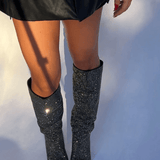 Black Rhinestone Thigh-High Boots – Pointed Toe & Stiletto Heel | Women's Party Boots