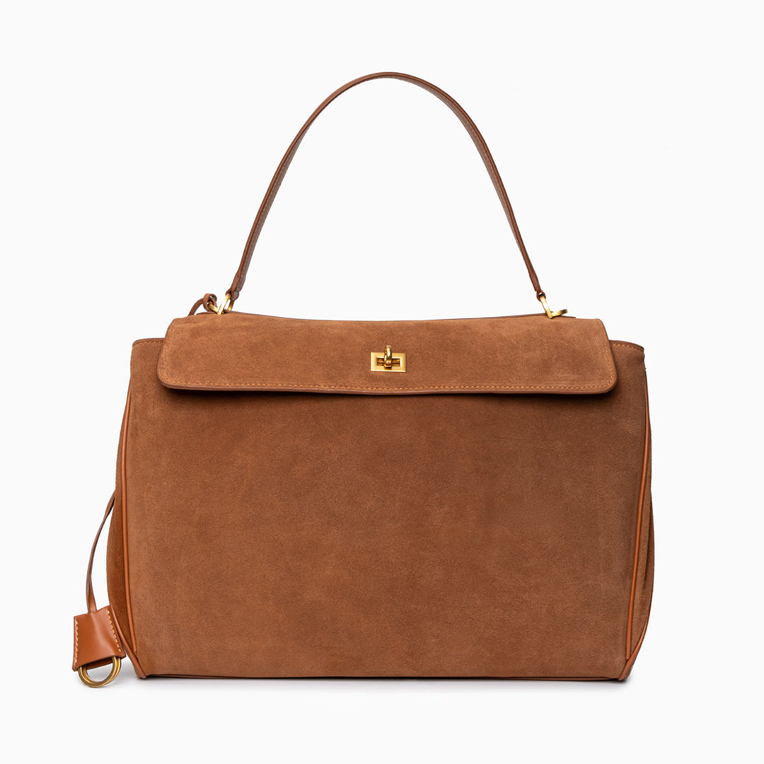 Bolso de Hombro Elegante de Gamuza con Cierre Giratorio Dorado