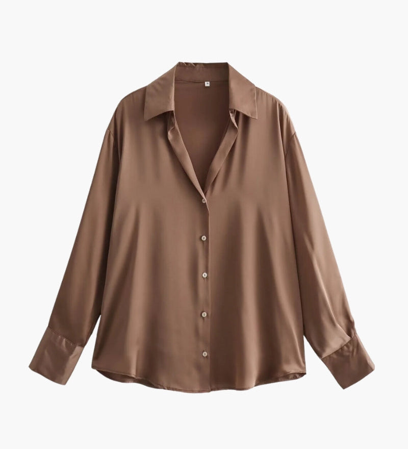 Blusa Satinada Clásica de Mujer con Botones y Manga Larga