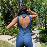 Plunge Neck Fitted Denim Jumpsuit with Flared Legs