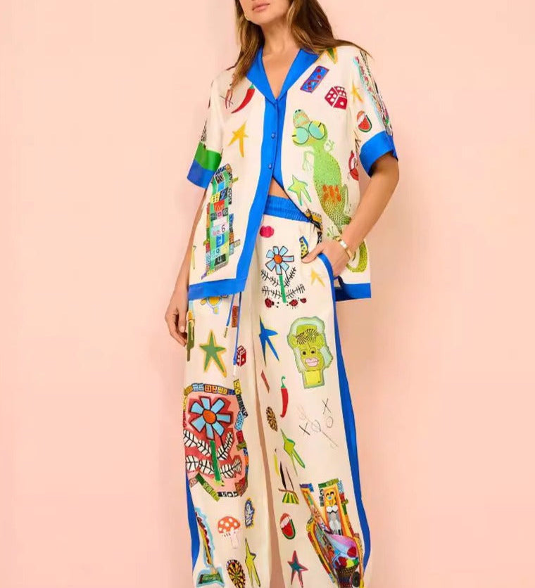 Conjunto estampado artístico de dos piezas con camisa y pantalón ancho