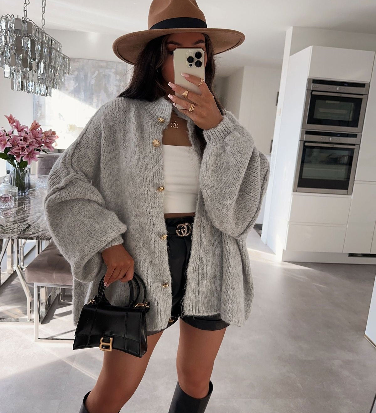 Oversized Knitted Cardigan with Gold Button Detail