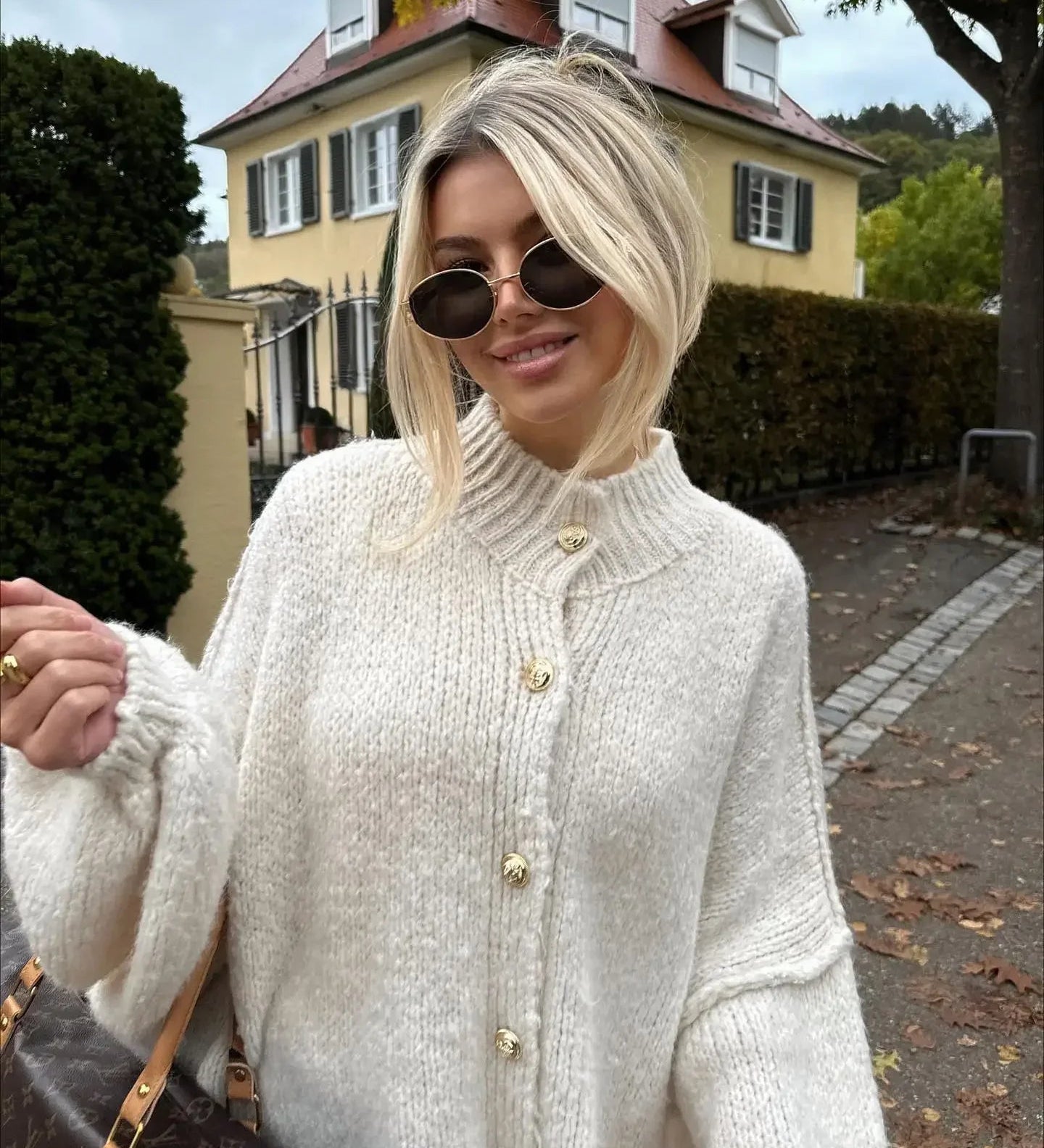 Oversized Knitted Cardigan with Gold Button Detail