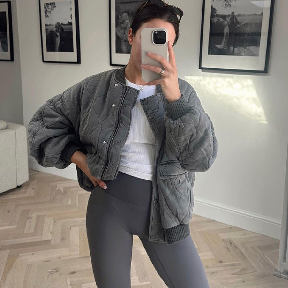 Oversized Quilted Bomber Jacket with Pocket Detail