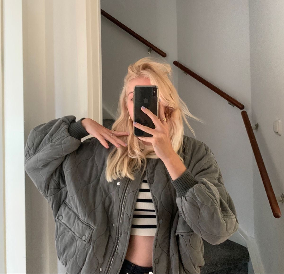 Oversized Quilted Bomber Jacket with Pocket Detail