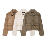 Retro Faux Suede Jacket with Front Flap Pockets