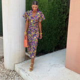 Vestido midi con estampado abstracto y mangas abullonadas