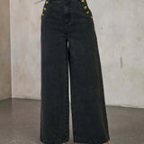 Conjunto denim de dos piezas con chaleco abotonado y pantalón de pierna ancha