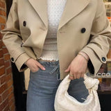 Cropped Double-Breasted Trench Coat with Contrast Buttons
