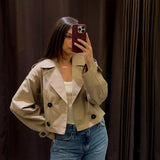 Cropped Double-Breasted Trench Coat with Contrast Buttons