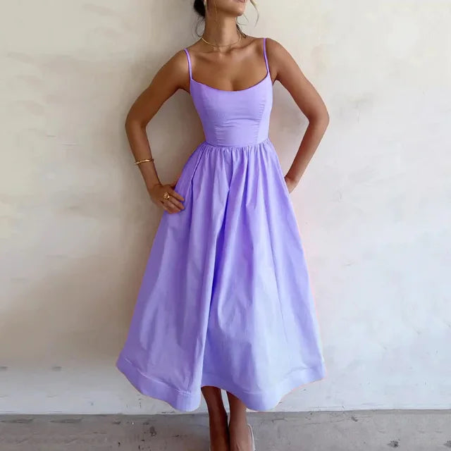 Vestido midi de verano con tirantes finos y falda evasé para mujer elegante