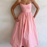 Vestido midi de verano con tirantes finos y falda evasé para mujer elegante