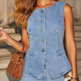 Sleeveless Denim Co-Ord Set with Wide-Leg Trousers