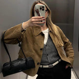 Retro Faux Suede Jacket with Front Flap Pockets