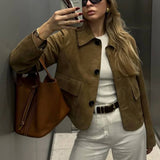 Retro Faux Suede Jacket with Front Flap Pockets