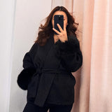 Belted Wool-Blend Wrap Coat with Faux Fur Cuffs