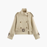 Cropped Double-Breasted Trench Jacket with Belted Cuffs