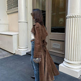 Long Faux Suede Trench Coat with Belted Waist