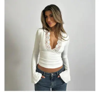 Long-Sleeved Lace Trim Wrap Top with Deep V-Neck