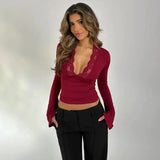 Long-Sleeved Lace Trim Wrap Top with Deep V-Neck