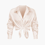 Blusa Satinada de Mujer con Nudo Frontal y Manga Larga
