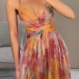 Vestido Largo Vaporoso con Tirantes Finos y Estampado Acuarela