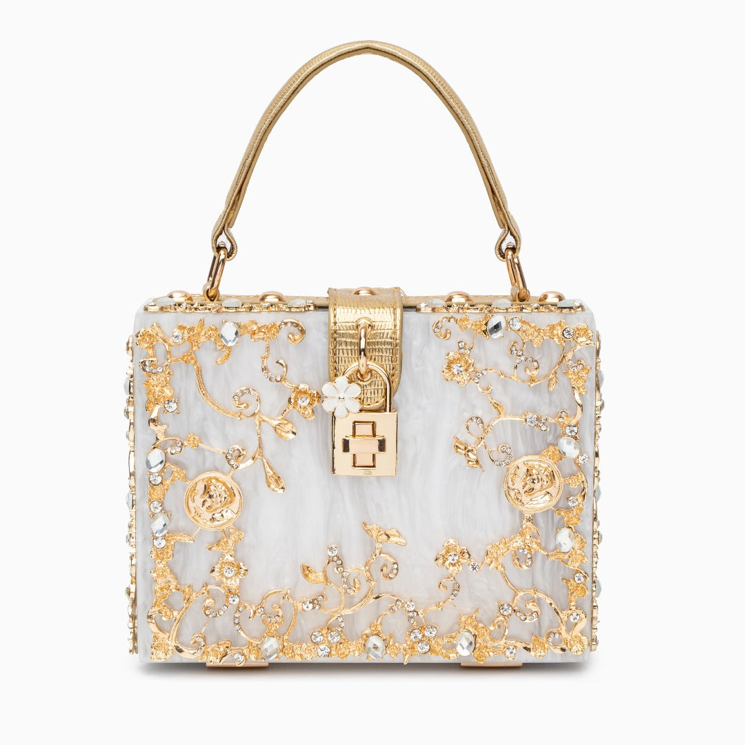 Bolso Caja Acrílica Azul Cielo con Detalles Dorados – Diseño de Lujo Inspirado en Barroco para Eventos Exclusivos
