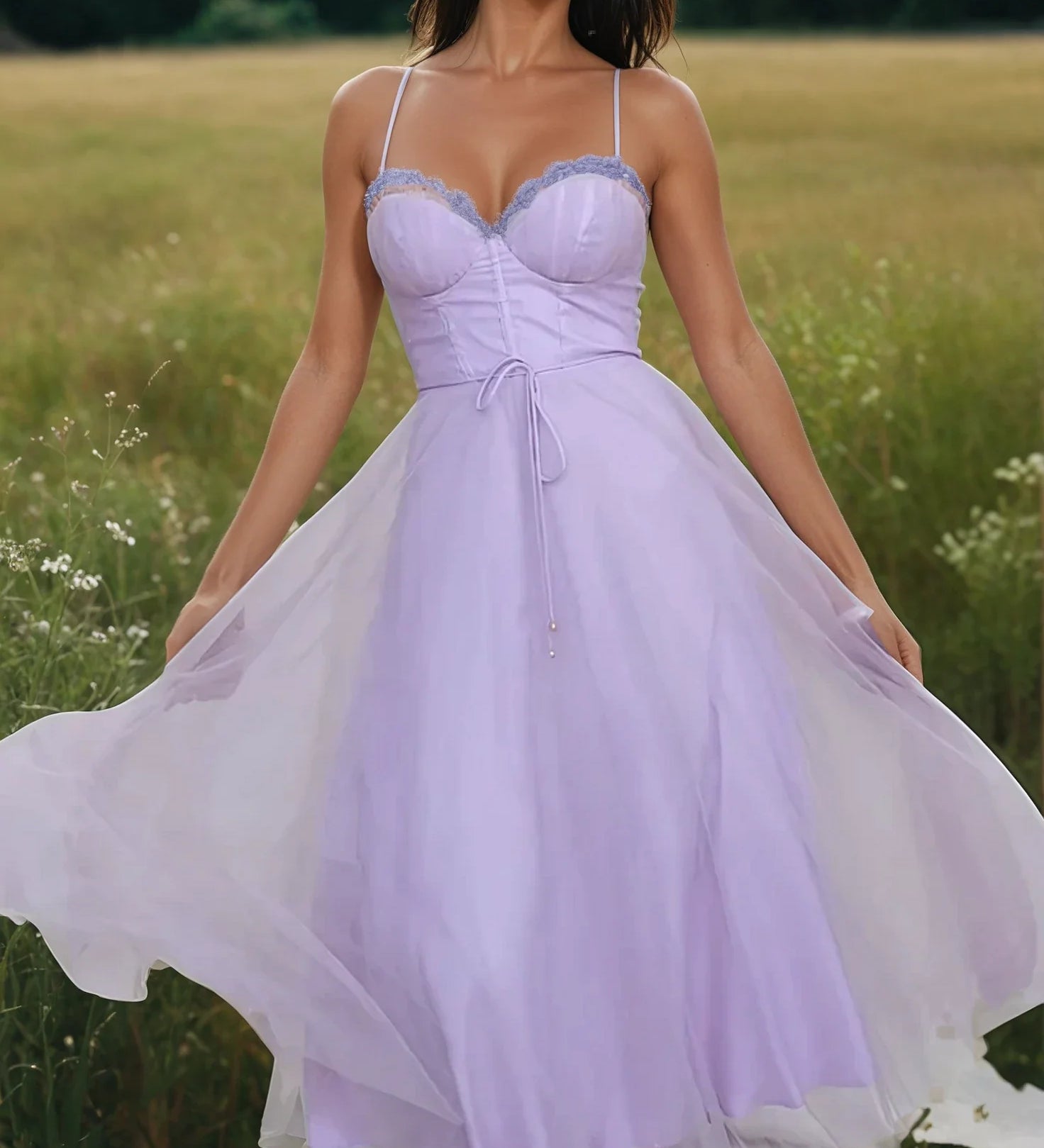 Vestido Midi Romántico de Tul con Tirantes Finos