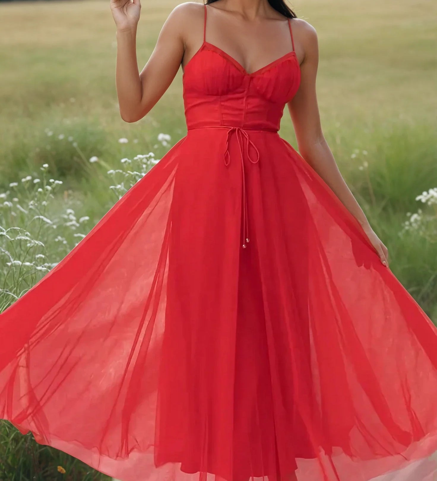 Vestido Midi Romántico de Tul con Tirantes Finos