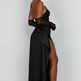 One-Shoulder Satin Maxi Dress with High Slit