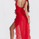 Vestido Largo con Volantes y Abertura Lateral – Disponible en Varios Colores