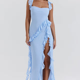 Vestido Largo con Volantes y Abertura Lateral – Disponible en Varios Colores