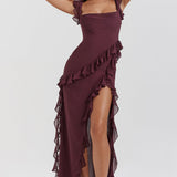 Vestido Largo con Volantes y Abertura Lateral – Disponible en Varios Colores