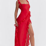 Vestido Largo con Volantes y Abertura Lateral – Disponible en Varios Colores