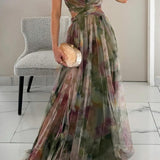 Vestido Largo Vaporoso con Tirantes Finos y Estampado Acuarela