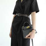 Structured Top Handle Leather Handbag with Gold Lock