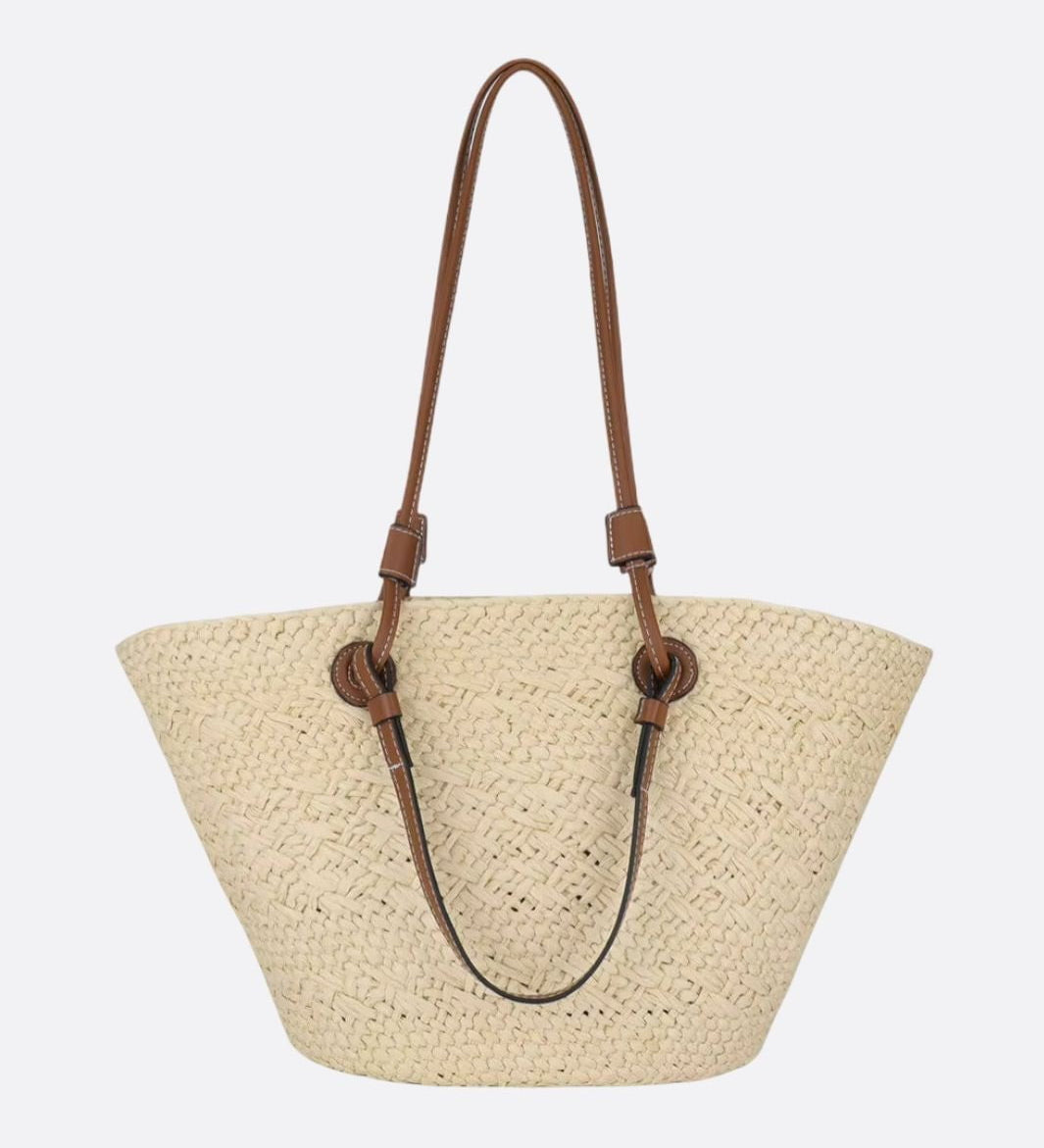 Bolso Shopper de Paja Trenzada con Asas de Imitación de Cuero