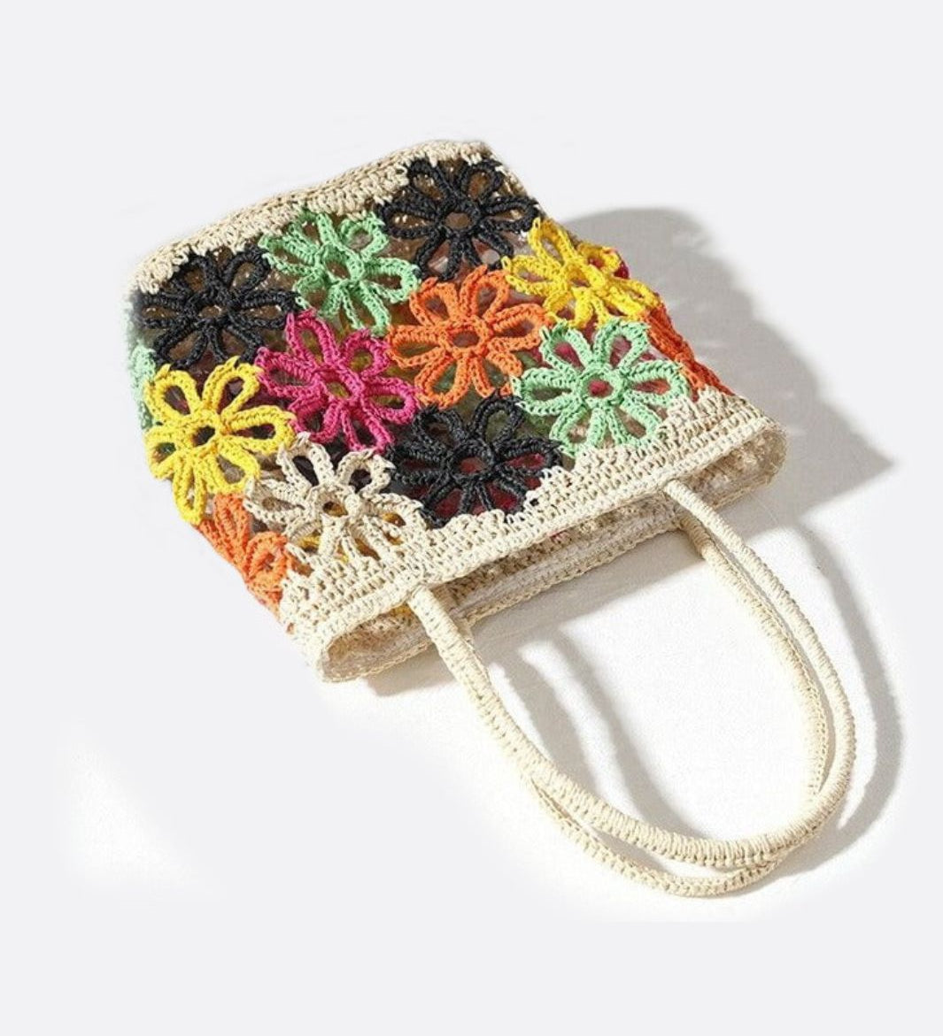 Bolso Tote de Paja con Flores de Crochet – Estilo Colorido y Artesanal