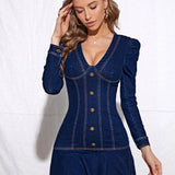 Long Sleeve Buttoned Mini Dress – Flattering Fit with Vintage Stitch Detail