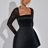 Satin Mini Dress with Embellished Long Sleeves and Square Neckline