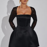 Satin Mini Dress with Embellished Long Sleeves and Square Neckline