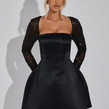 Satin Mini Dress with Embellished Long Sleeves and Square Neckline