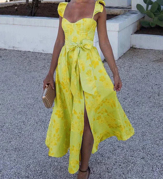 Vestido Midi con Lazo y Tirantes Fruncidos