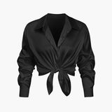 Blusa Satinada de Mujer con Nudo Frontal y Manga Larga