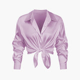 Blusa Satinada de Mujer con Nudo Frontal y Manga Larga