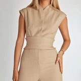 Structured High-Waisted Sleeveless Jumpsuit in Beige