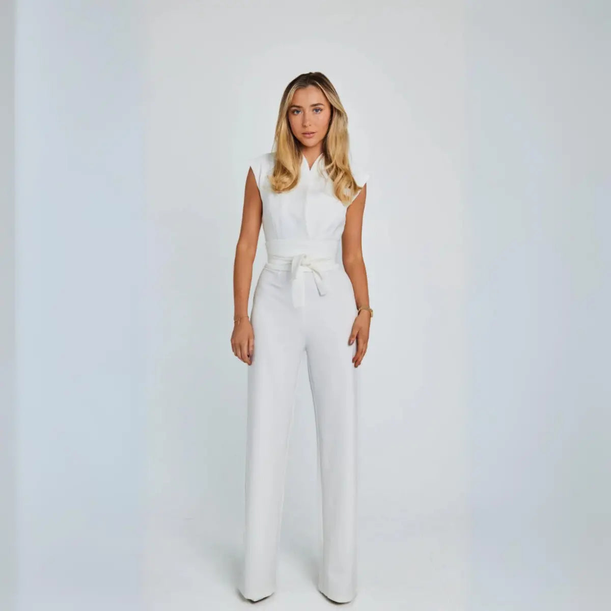 Structured High-Waisted Sleeveless Jumpsuit in Beige