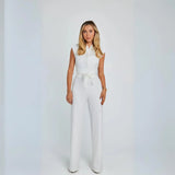 Structured High-Waisted Sleeveless Jumpsuit in Beige