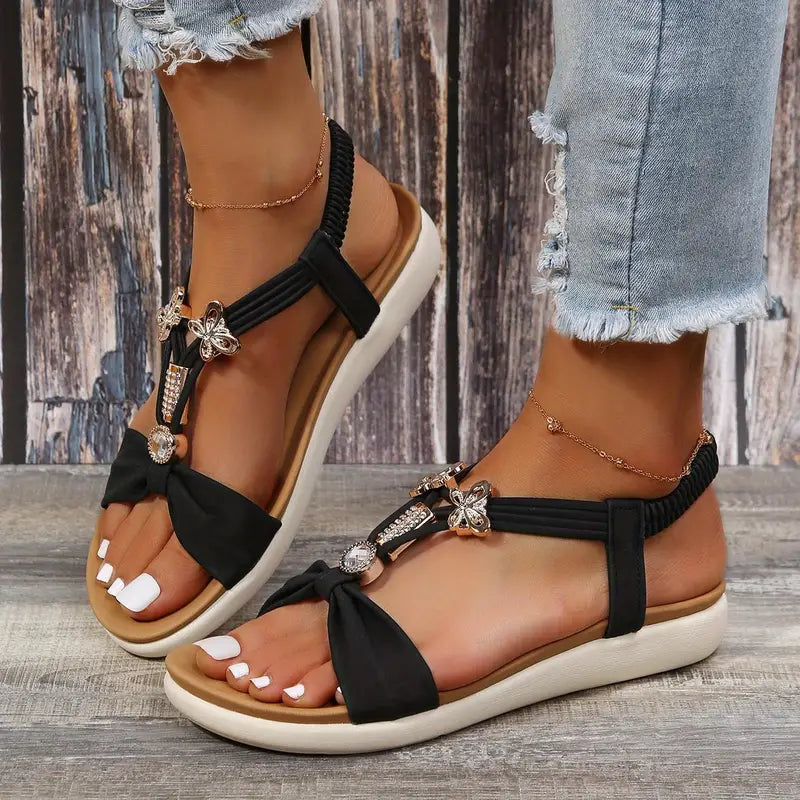 Sandalias T-Strap Mujer – Lazo Decorativo & Detalles Brillantes